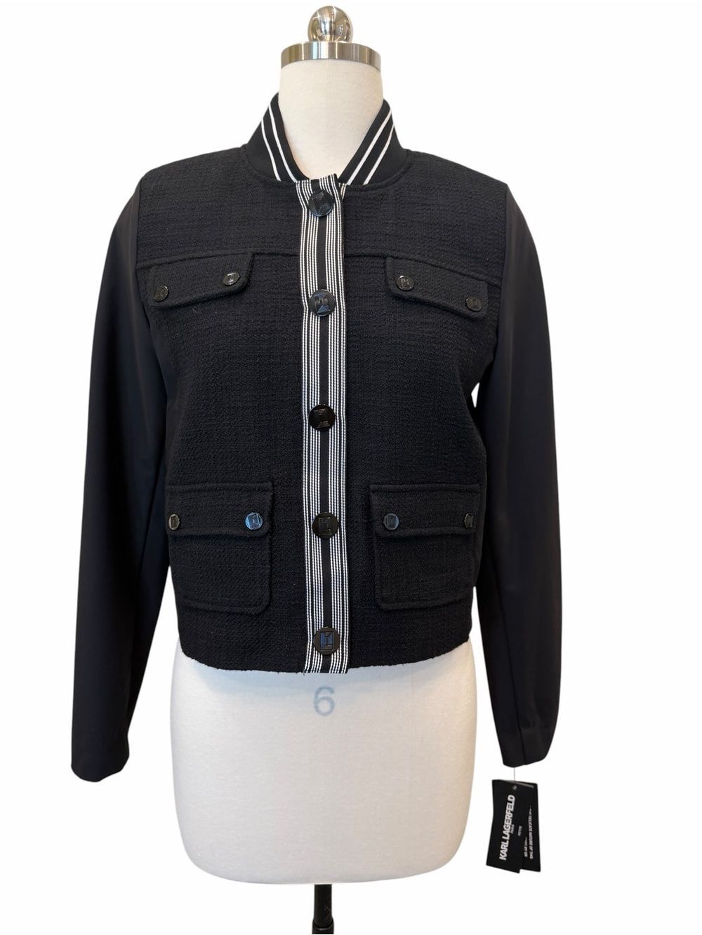 Karl Lagerfeld Paris Mixed Media Tweed Bomber Jacket Snap Front Black PM NEW